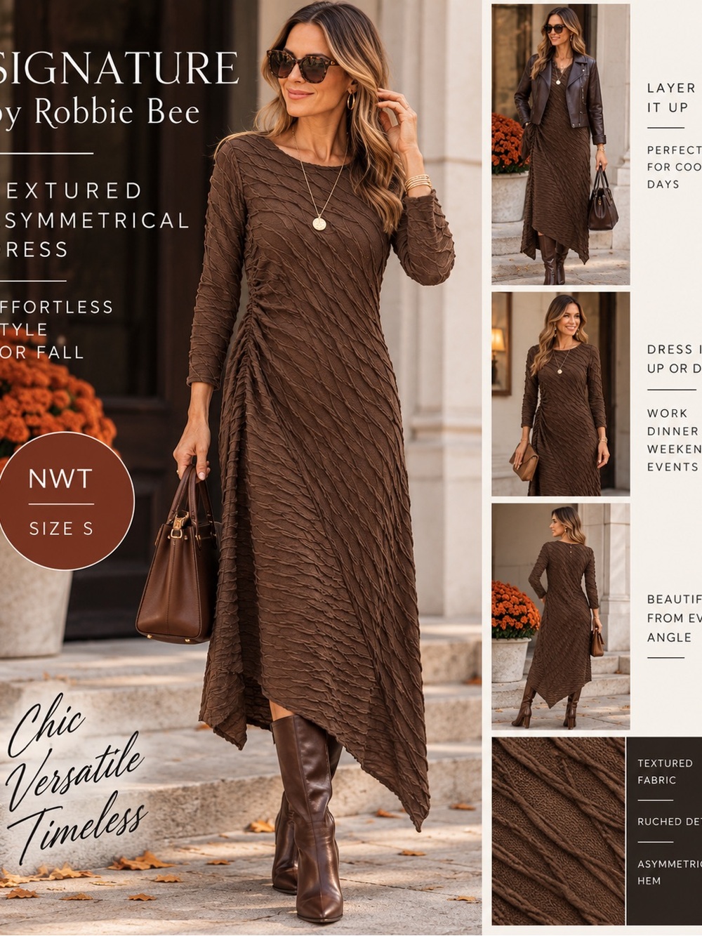 Signature Textured Asymmetrical Brown Dress - Robbie Bee NWT